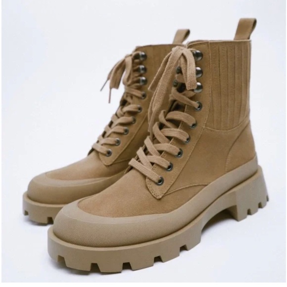 Zara LACE-UP TRACK SOLE LEATHER ANKLE BOOTS - Picture 1 of 12